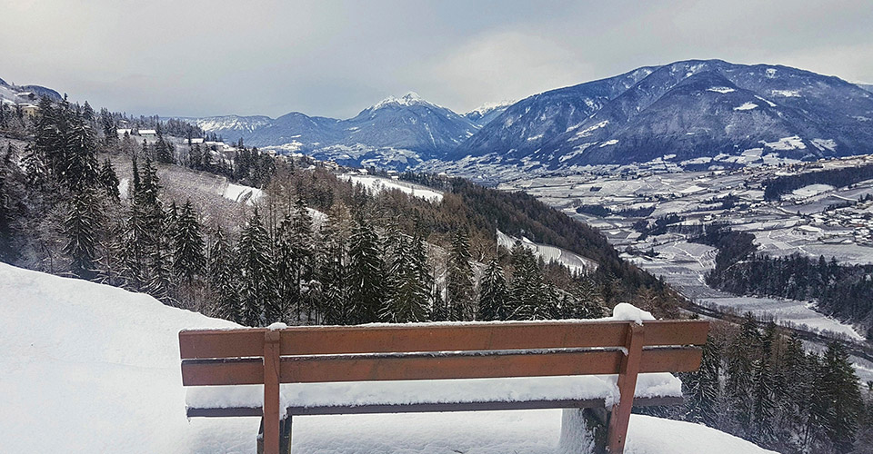 Bench, wintertime landscape from the Obereggerhof